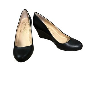 JESSICA SIMPSON LEATHER WEDGE PUMP BLACK WEDGES HEEL SUEDE PULL ON ROUND TOE